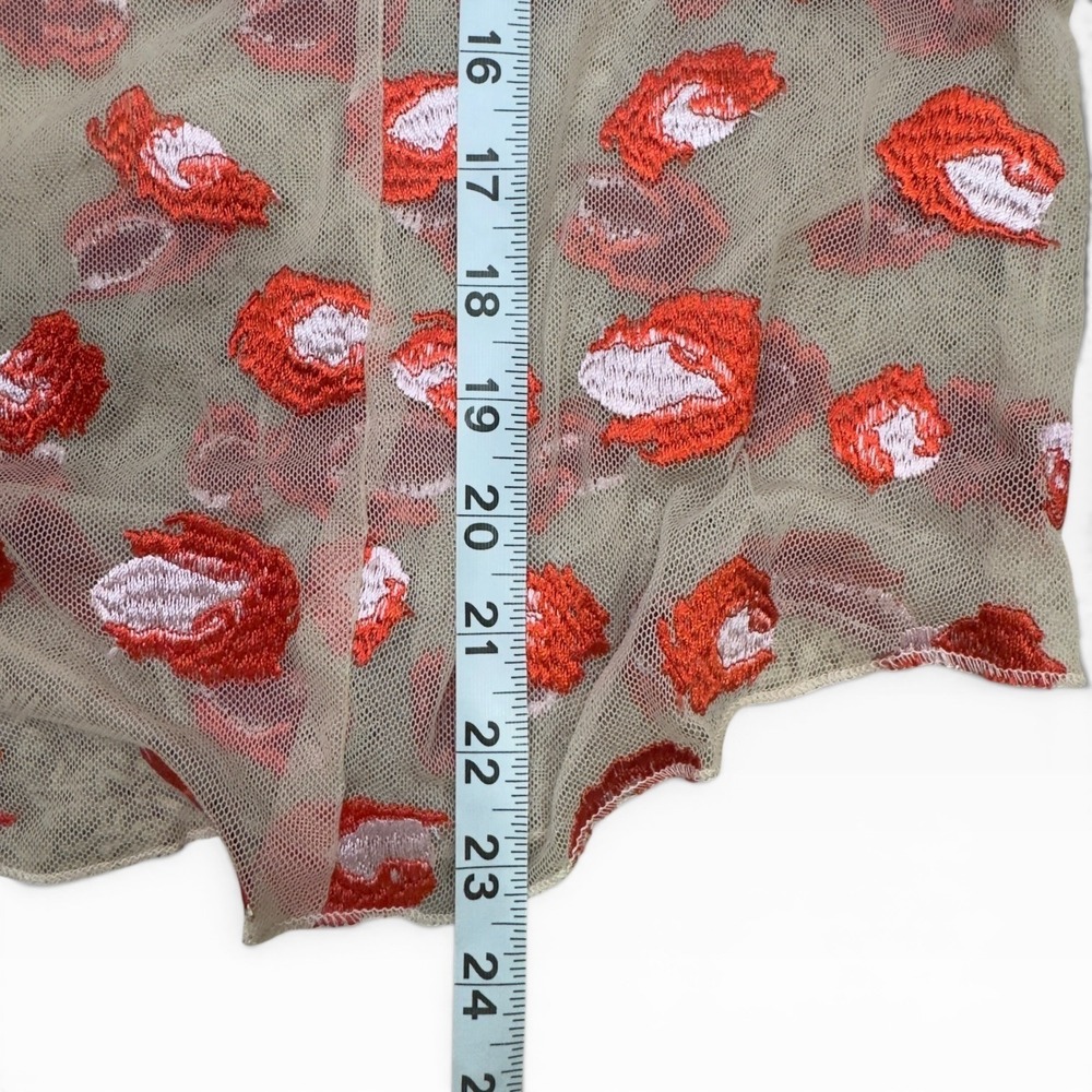 Eva Franco Cheetah Rose Mesh Blouse M Tan Red Embroidered Tie Cuff Art to Wear - Picture 8 of 9